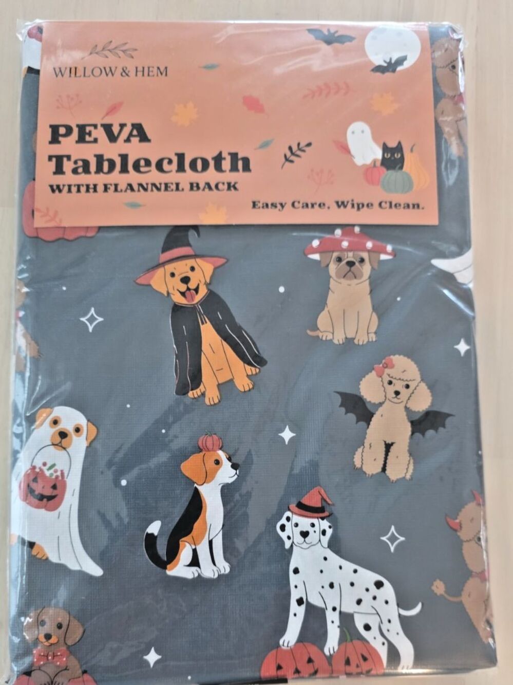PEVA Gray Halloween Tablecloth with Flannel Back Dog Print 60" x 102" New
